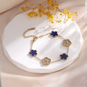 Gold-Toned Stainless Steel Blue & Stones Flower Motif Bracelet
